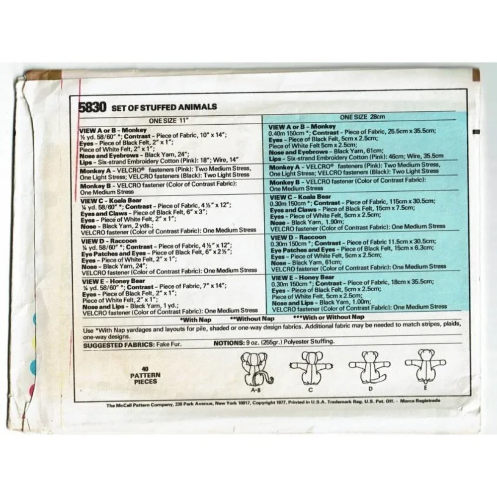 McCall's Sewing Pattern 5830 Monkey Koala Racoon Bear Stuffed Animals‎